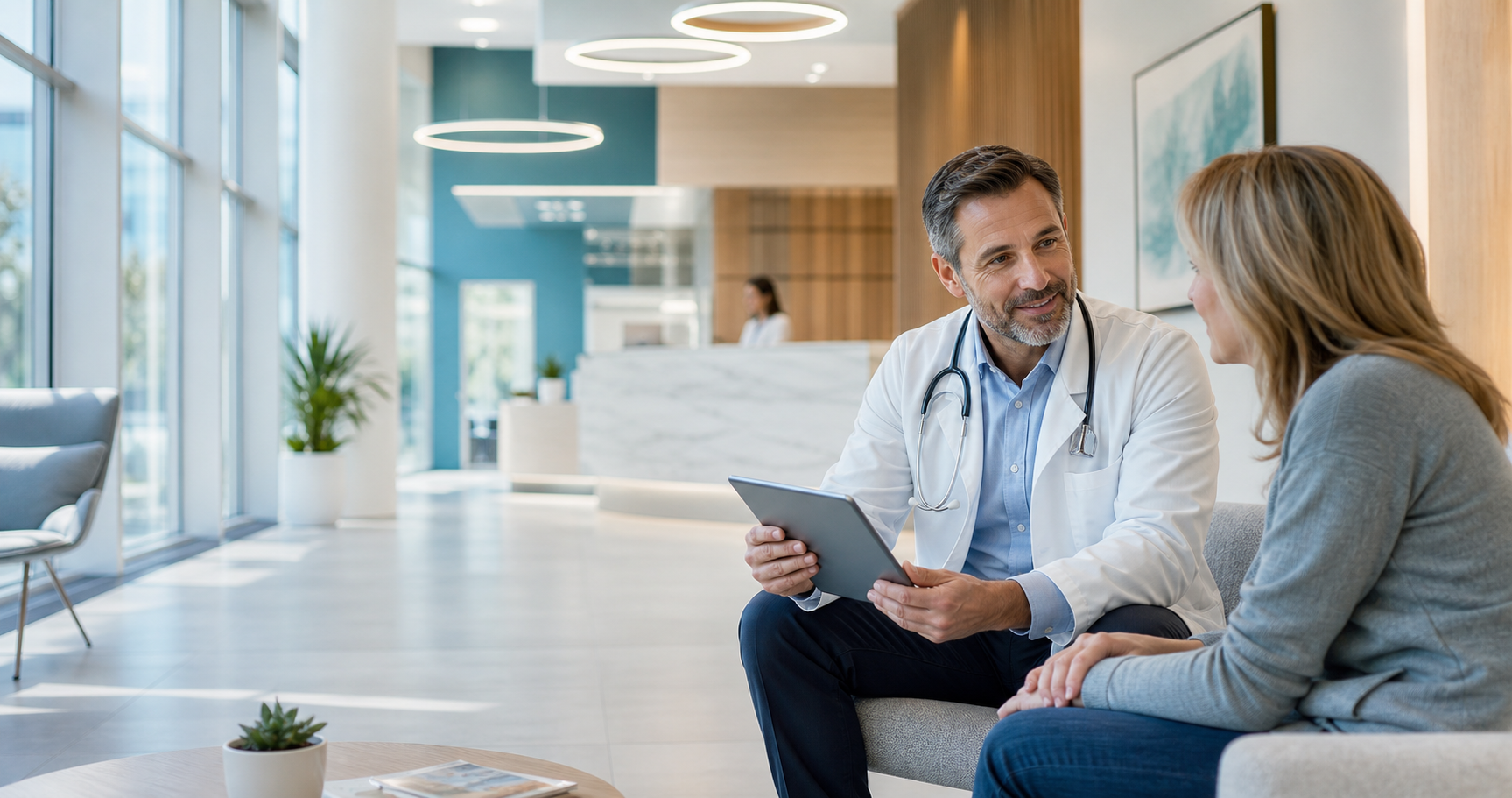 Médico conversando con una paciente en un centro médico moderno